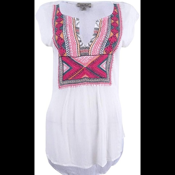 Lucky Brand Womens Embroidered Bib Knit Blouse Med - Picture 1 of 6
